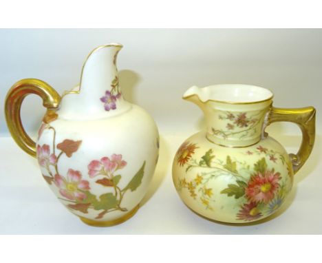 A late Victorian Royal Worcester Jug painted with floral sprays on a blush ivory ground and with gilded handle, 4" (10cms) hi