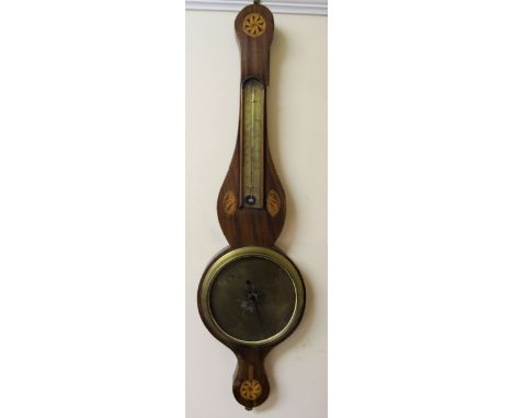 A 19th century Wheel Barometer and Thermometer, the brass dial inscribed "T Molton, Norwich" in a shell inlaid mahogany case,