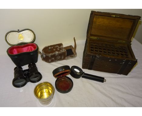 A pair of Field Glasses by Callaghan, London, in leather case; a folding Magnifying Glass in leather case, plated telescopic 