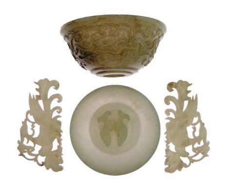 Chinese jade bowl having carved scroll decoration 7.75cm diameter, a small Chinese jade dish, the interior carved with two fi