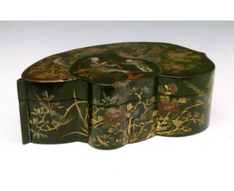 19th Century Chinese lacquered leaf shaped box and cover having a reserve panel decorated with a seated noble woman and serva
