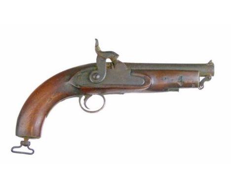 Mid 19th Century percussion coastguard type pistol, round barrel 15cm, proof marks obscured, flat lock with sliding safety, n