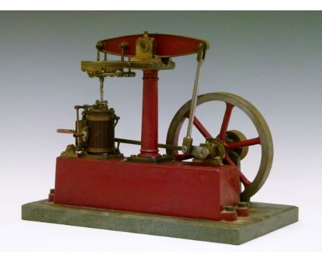 Stuart beam engine having 1" bore x 2" stroke (approx) with Watts parallel motion, 7" flywheel, wood clad single cylinder, fi