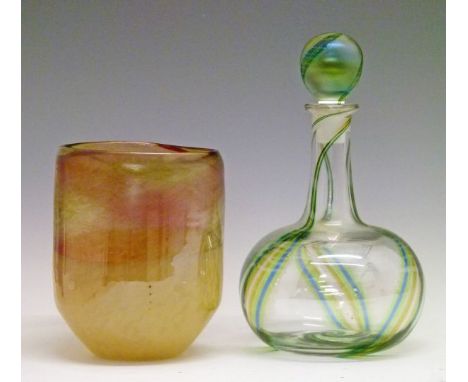 Two pieces of modern studio glass comprising: Christopher Williams vase with yellow and brown streaked and flecked decoration