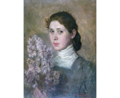 M. Van Stockum (19th/20th Century) - Oil on canvas - Portrait of a girl with a bouquet of flowers, signed M. V. Stockum, 59.5