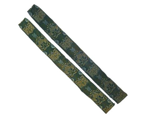 Two vertical lengths of William Morris woven wool Tulip And Rose pattern curtain sections, circa 1876, probably manufactured 