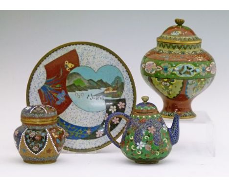 Four pieces of Japanese cloisonné comprising: baluster shaped jar and cover, 13.25cm high, baluster shaped inkwell with hinge