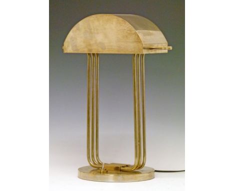 WMF plated brass table lamp having a demi lune shade supported by triple bar supports, circular foot, stamped makers marks, 4