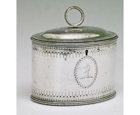 George III oval silver tea caddy, the dome cover with ring handle, two bands of engraved decoration, two cartouche with Coat 
