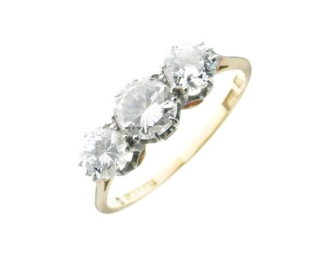 Three stone diamond ring, stamped '18ct' and 'Pt', the graduated brilliant cuts totalling approximately 1 carat, size M, 2.4g