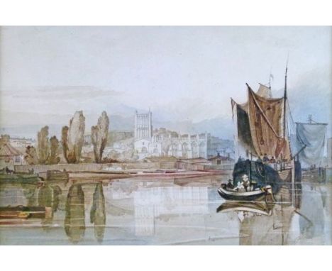 William James Muller (1812-1845) - Watercolour - Bristol Cathedral From The Docks, unsigned, titled to mount, verso with two 
