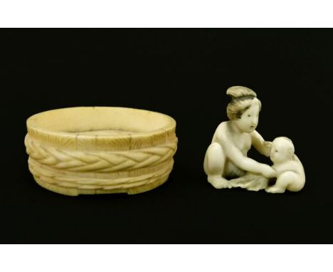 Chokosai Chikahiro - 19th Century Japanese carved ivory netsuke in the form of a bath tub, the water disappearing down the pl