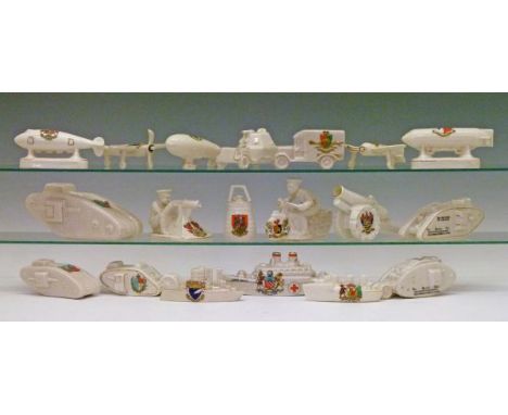 Great War Interest - Collection of nineteen crested ornaments, all relating to World War I and comprising: five tanks, two by