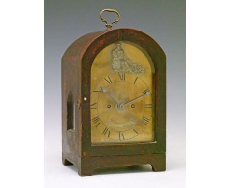 19th Century simulated rosewood cased arch top double fusee mantel clock, the brass dial with applied figural decoration and 