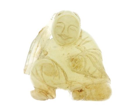 19th/early 20th Century Chinese carved jade figure of a kneeling man holding a staff, 5.25cm high  Condition: The article tha