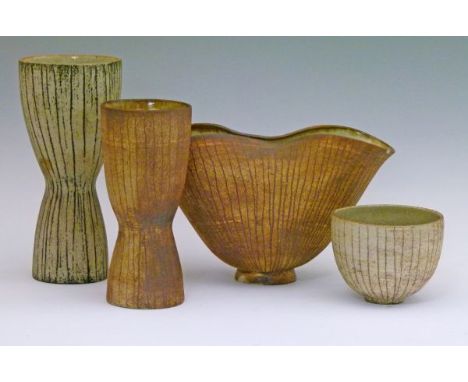 Four Waistel Cooper studio pottery vases, each having vertical stripe decoration, painted marks, 7.25cm, 13cm, 15.75cm and 18