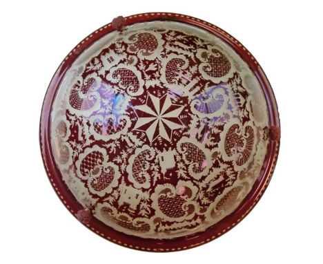 Late 19th/early 20th Century Bohemian ruby flash glass ceiling light dome having typical engraved decoration depicting archit
