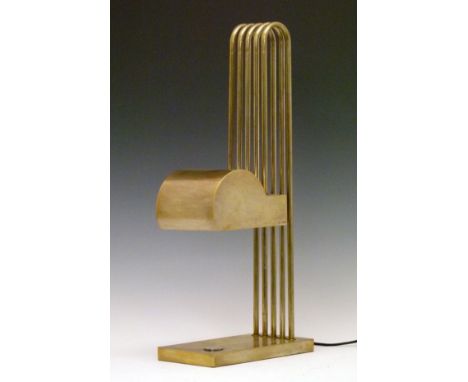 WMF Modernist style plated brass table lamp having a five bar column suspending an arch shaped shade, rectangular foot, stamp