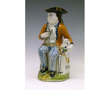 Rare Pratt Ware American Sailor toby jug, circa 1800, wearing an ochre jacket, blue yellow and green striped waistcoat and bl