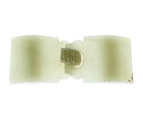 19th/early 20th Century Chinese jade two piece belt buckle, carved with the head of a beast, overall width 11.5cm  Condition: