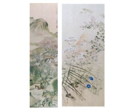 Japanese woodblock print - Finches amongst foliage, after Matsumura Keibun, 38.75cm x 16.75cm, together with a print on silk 