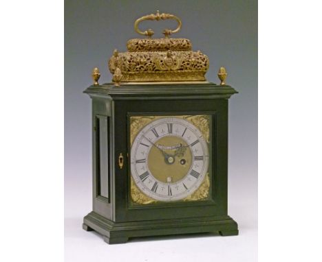Early 18th Century brass and ebonised basket top bracket clock by John Shaw of Holborn, the brass basket top having a cast ha