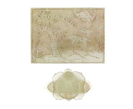 19th/early 20th Century Chinese jade rectangular plaque engraved with a landscape with deer and bat, 5.5cm x 7.5cm, together 