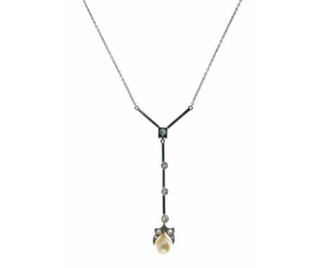 Edwardian diamond and pearl drop pendant, the pearl (untested and unwarranted) of approximately 6mm diameter, flanked either 
