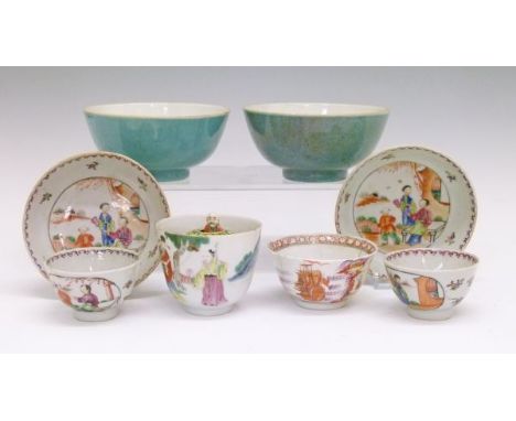 Group of Chinese ceramics comprising: Famille Rose surprise cup, the exterior decorated with figures in a garden, the domed i