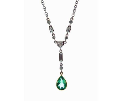 Emerald and diamond pendant, the pendeloque emerald, 8.5mm x 6mm x 3.6mm deep, to a suspension of baguette, trapezoid, square