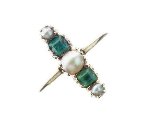 Victorian emerald and split pearl ring, set along the finger, size M½, 2.1g gross, cased (pearls untested and unwarranted)  C