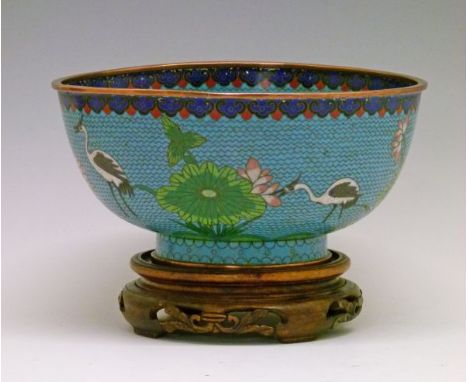 Japanese cloisonné bowl having continuous decoration depicting Herons amongst stylised foliage on a pale blue scale ground, 2