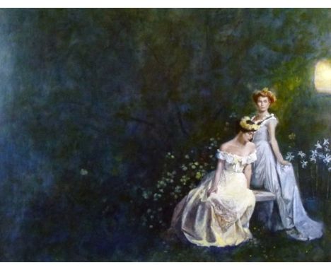 Oil on board - Original cover art for the first edition of Tessa Barclay's The Champagne Girls, depicting two young women wea