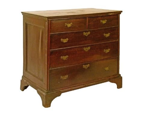 18th Century oak chest of two short and three long graduated drawers, panelled sides and standing on bracket feet, 97.25cm wi
