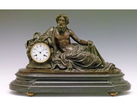 19th Century French bronze mantel clock by Miroy Freres of Paris, the figural case formed as a figure of Bacchus reclining ag