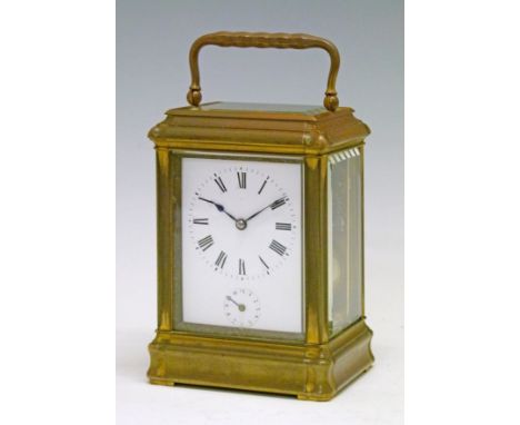 Large French brass cased carriage clock, white enamel dial with Roman numerals and subsidiary alarm dial, 13.5cm high exclusi