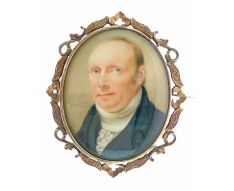 19th Century miniature portrait brooch, the image of a gentleman to an unmarked gold scroll frame, the back with hair detail 
