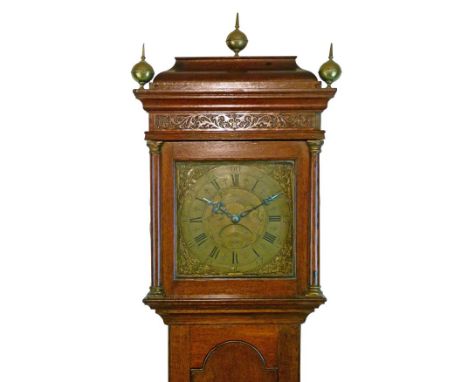 George III oak longcase clock by John Bown of Matlock, the hood with pagoda top, blind fret frieze, square glazed door flanke