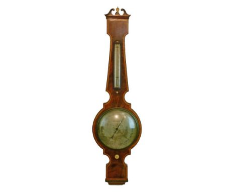 Victorian satinwood crossbanded mahogany wheel barometer by M. Cadenazzi of Alresford, having a swan neck pediment with centr