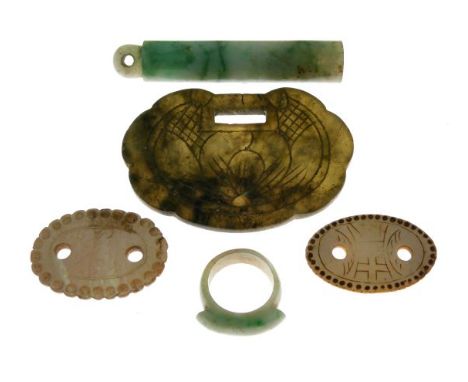 19th/early 20th Century Chinese jade cylindrical pendant, 7.5cm long, a similar archer's ring, a foliate carved green hardsto