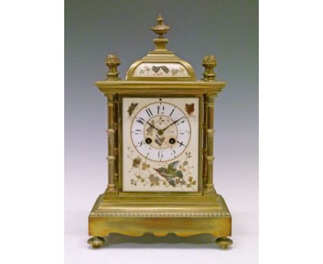 Late 19th Century brass cased Aesthetic School mantel clock, having pottery dial and panels having painted and 'jewelled' dec