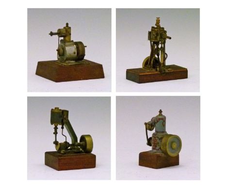 Two Stuart Turner type vertical steam engine models and three other small steam engines, all having wooden plinths, ranging f