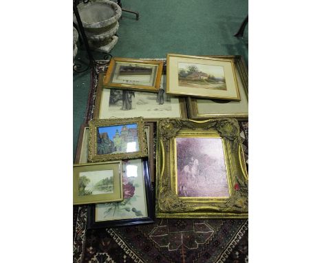 Collection of pictures, to include an Ornate framed picture, prints, watercolour of a cottage by Rosser, portrait, etc, (qty)