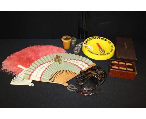 Treen glass holder with depiction of Burns' monument, folding cribbage board, bridge set containing notepad and two sets of p