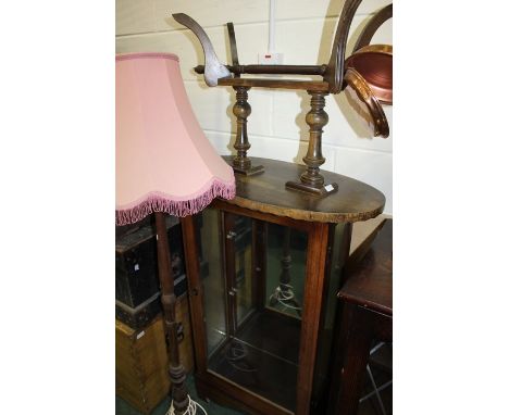 Early 20th Century mahogany display cabinet, together with a small size warming pan, a lamp and a mahogany veneered coffee ta