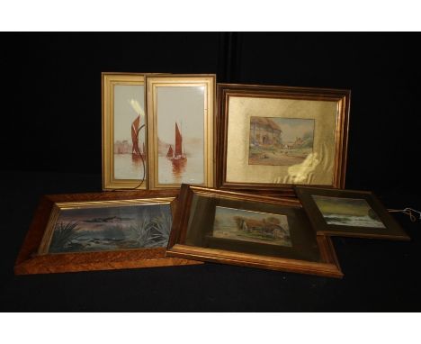 Ernest Potter, a pair of 19th Century watercolour of a cottage, a duck picture, a pair of boating pictures, a seascape, (6)