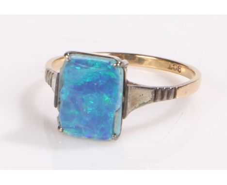 9 carat gold and opal ring, the turquoise coloured rectangular opal set in rectangular mount, ring size M 1/2