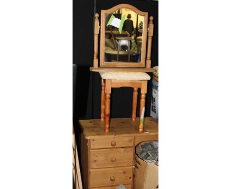 Pine dressing table, with separate pine framed mirror and stool, the dressing table with four drawers to each pedestal, 140cm