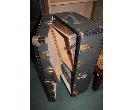 Cabin trunk, 90.5cm wide, two wooden boxes, vanity case, foot pump in a wooden box (5)