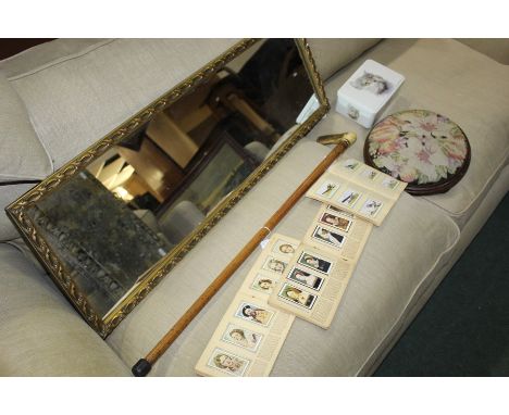 Stag antler walking stick, together with a small foot stool, albums of aeroplane stamps and cigarette cards, small box and a 